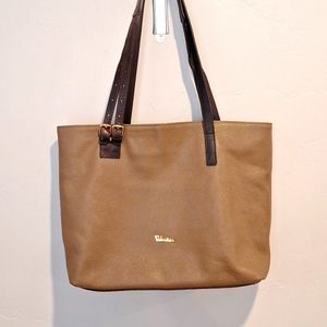 Valentina Tote 100% Italian Leather Taupe & Brown w/ Nice Large Adjustable Strap